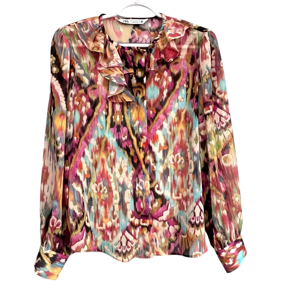 Zara Ruffle Neck Blouse Women’s Medium Multicolor Abstract Long Sleeve Top Sheer